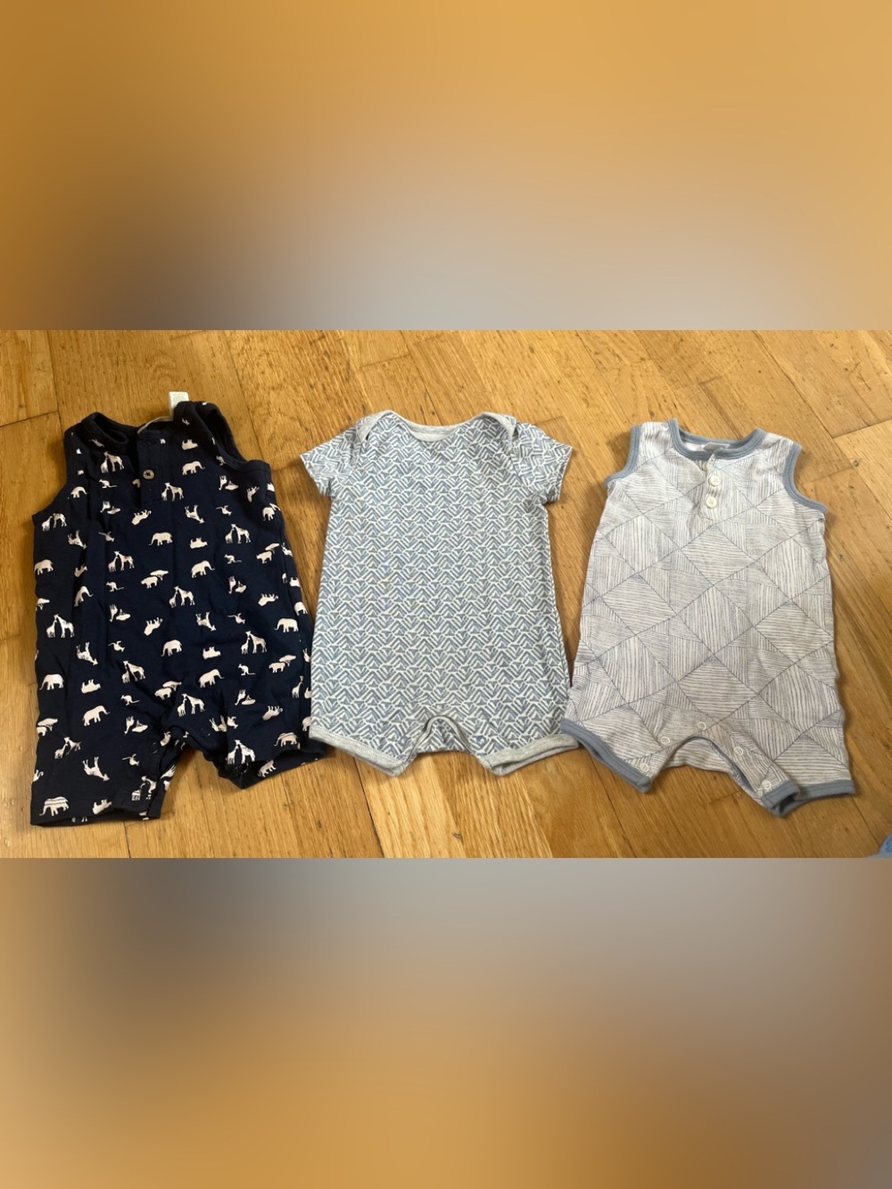 Baby Boys 3-Pack Sleeveless Rompers in Navy & Light Blue 3-6 months